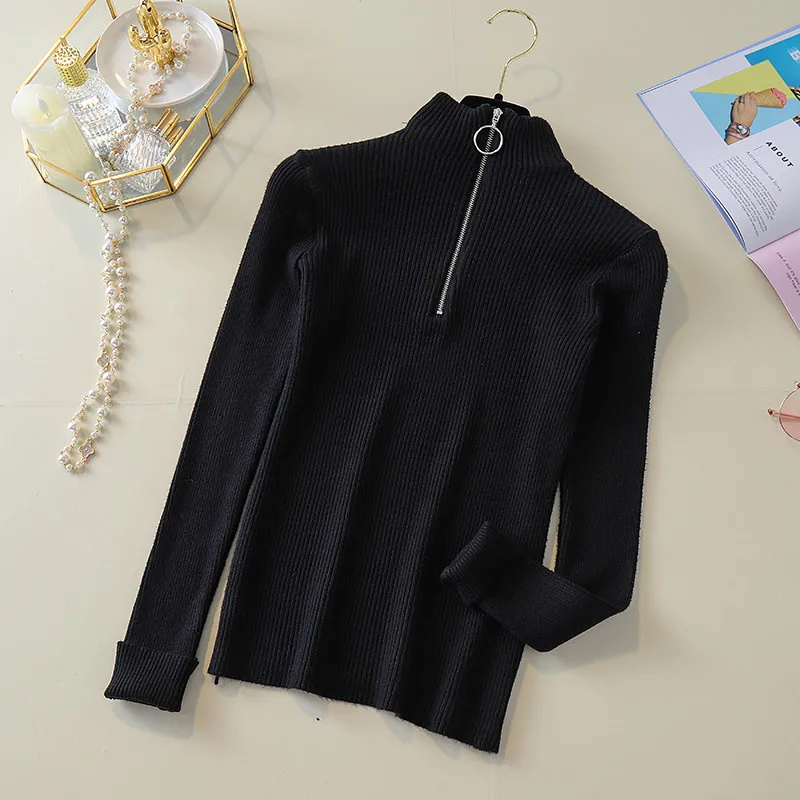 2019 Trend Knitted Sweater Women Zipper Turtleneck Long Sleeve Slim Women Pullover Sweater Autumn Winter Warm Female Jumpers (42)