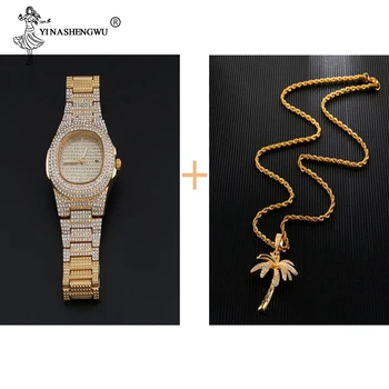 

Hip Hop Bling Iced Out Micro Paved CZ Palm Tree Pendants Necklaces & Watch Men Women Rapper Jewelry With Rope Chain Personality