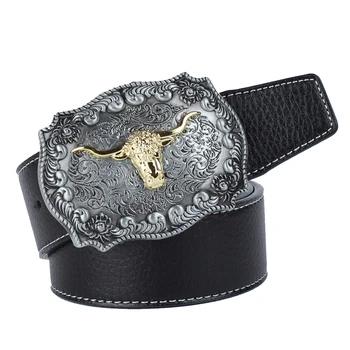 

Mens Western Cowboy Leather Belt Waistband Arabesque Cow Head Buckle