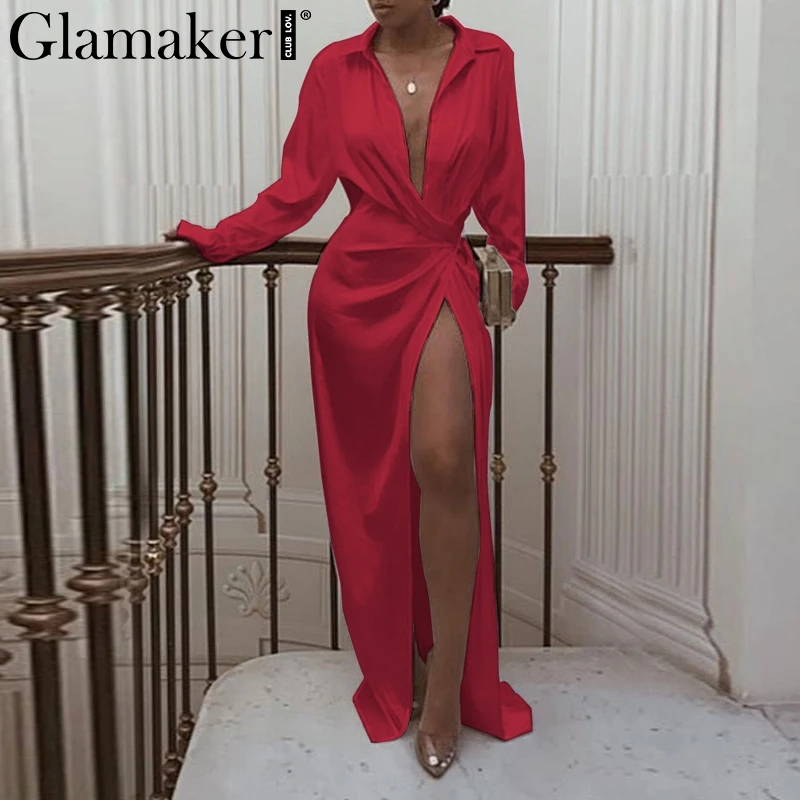 Red Glamaker, белое сатиновое сексуальное платье-рубашка, Элегантное макси-платье с разрезом, платье с глубоким отложным воротником и длинным рукавом, vestidos de fiesta - Color: Red