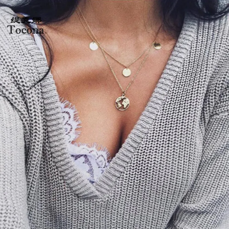 Tocona Bohemian Hollow Map Pendant Necklace for Women Charming Wafer Chain Chocker Party Jewelry Gift Drop Shipping N006 | Украшения и