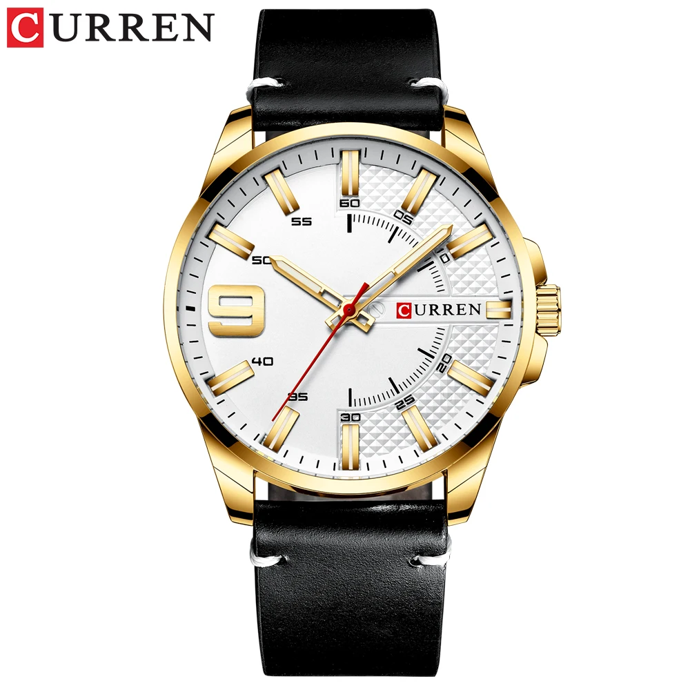 Горячая Мода Curren 8371 Роскошные деловые часы Мужские кварцевые кожаные Наручные часы водонепроницаемые светящиеся мужские часы - Цвет: gold white