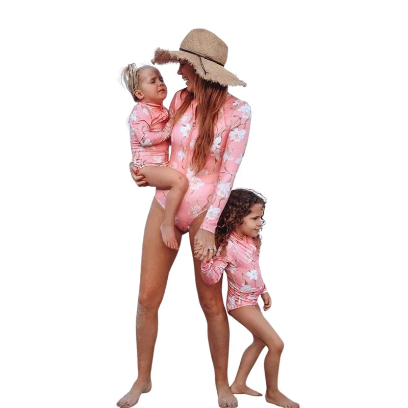 Parent-Child Floral Printed One-piece Swimsuit Long Sleeve Front Zipper Swimwear Sun-proof Diving Suit Beachwear Girls Bikini