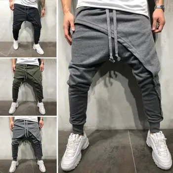 

Fashion Men Harem Pants Solid Color Drawstring Asymmetric Double Layer Long Running Jogger Baggy Pants For Men's Clothings hot