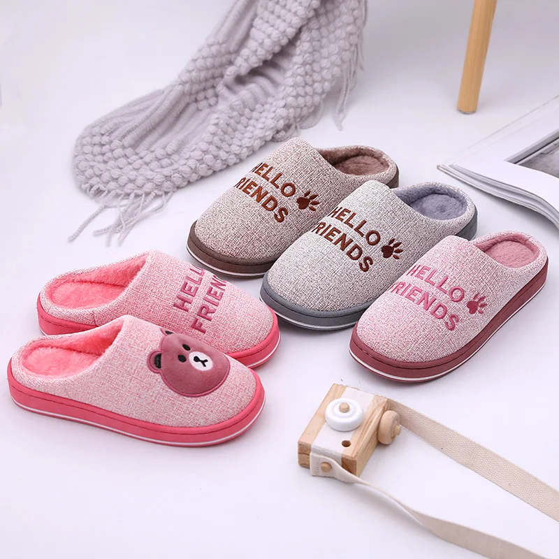 Women Winter Home Slippers Cartoon Bear Non-slip Soft Winter Warm House Slippers Indoor Bedroom Lovers Couples Floor Shoes Men