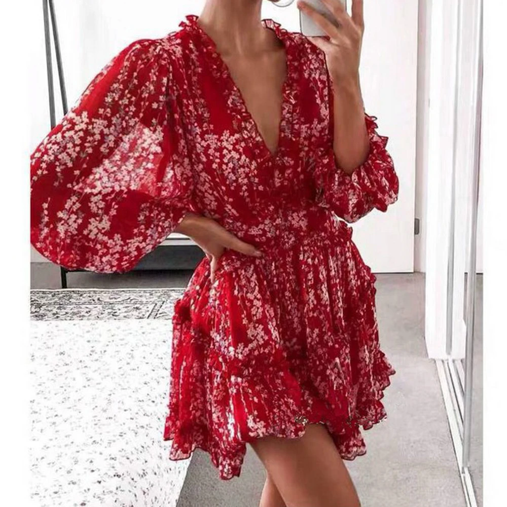 Summer Vestidos 2020 Women Boho Floral Printed Backless Mini Dress Ladies Party Holiday V-Neck Puff Sleeve Dresses Sundress Top | Женская