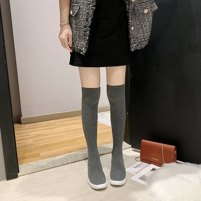 Black Gray Over The Knee Knitted Elastic Socks Boots Women Casual Non Slip Winter Long Thigh High Boots for Girls