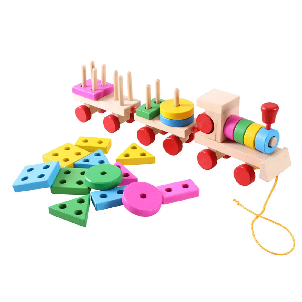 

Wooden children's educational early childhood toys, dragging three blocks, geometric shapes, matching small trains