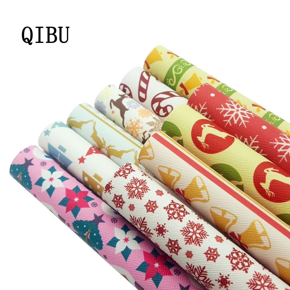 

QIBU Faux Leather Sheets Christmas Printed PU Bow Fabric Cartoon Animal Printed Leather Fabric DIY Hairbow Bags Making Materials