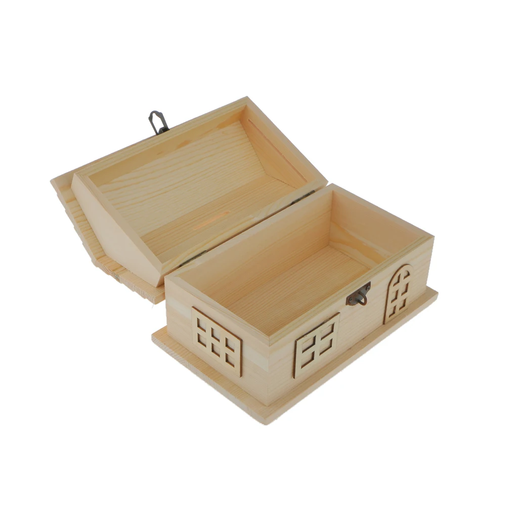 Unfinished Wooden House Shape Piggy Bank Jewelry Storage Box DIY Kids Crafts