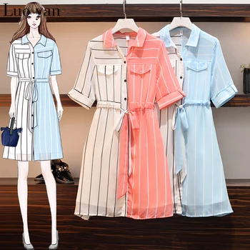 

Summer 4XL Plus Size Chiffon Chic Striped Mini Dress 2020 Elegant Short Sleeve Loose Sashes Casual Ladies Dresses Party Vestidos