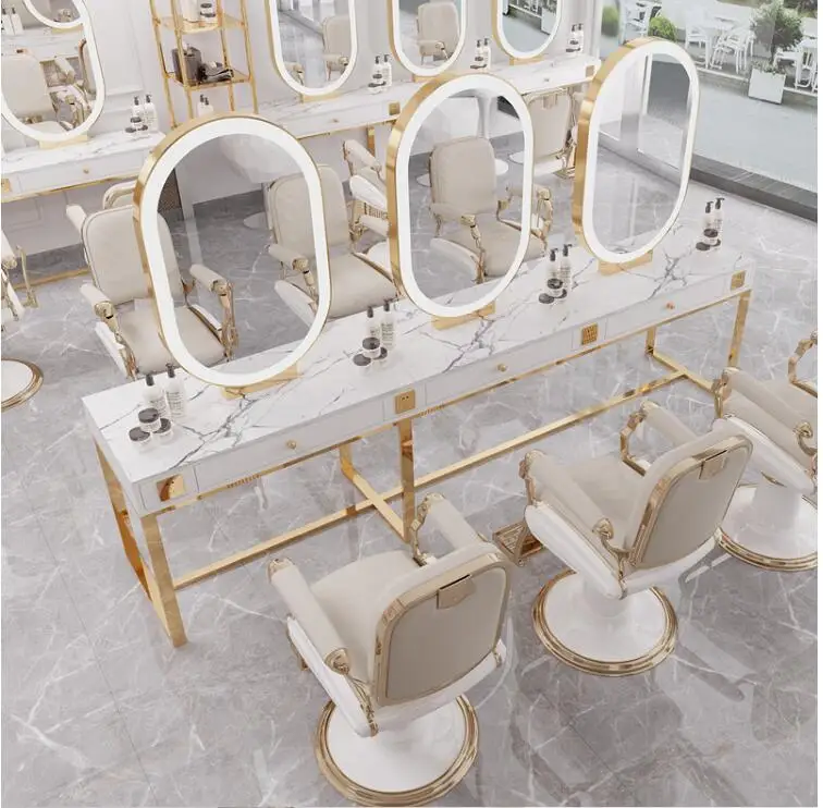 Barber shop jingtai hair salon dyeing table marble beauty salon double-sided mirror with lamp