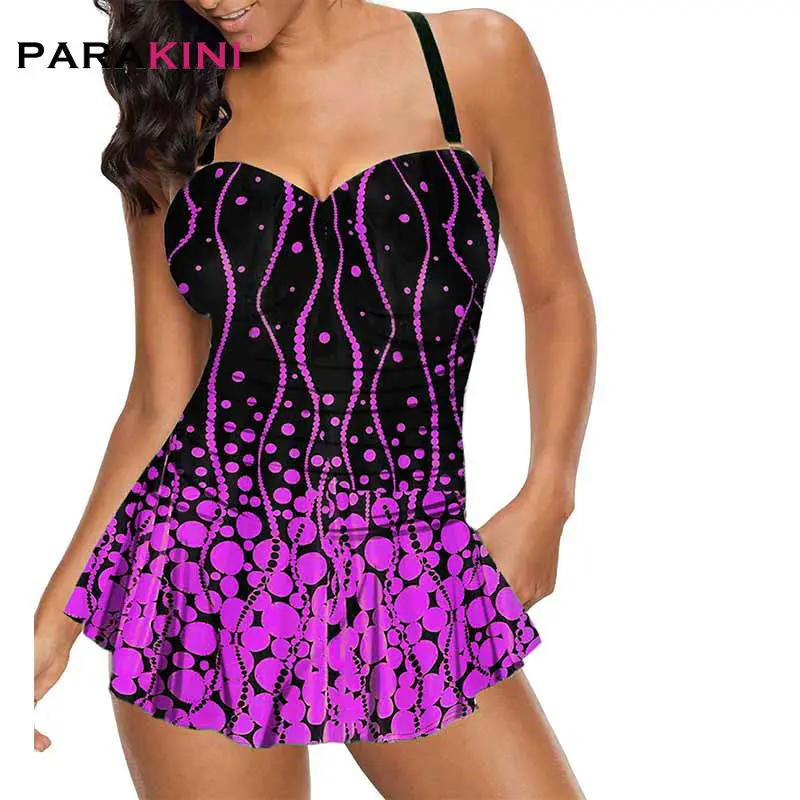 

PARAKINI Women's Plus Size Halter Polka Dot Print Spaghetti Strap Swimdress Swimsuit Push Up Tankini with Party Dress Swimwear
