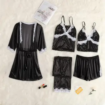 

Women Sexy Lace Nightwear Set Fashion Half Sleeve Sleepwear Set Loose Nightgown 5PC Suit Camisa Noite Mulher 2019 Hot Sale Y