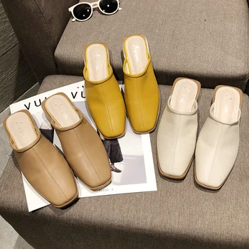 

Mules in women's slippers zapatos de mujer summer fashion one pedal thick heel lazy Muller half slippers 3.5CM heel Square Toe