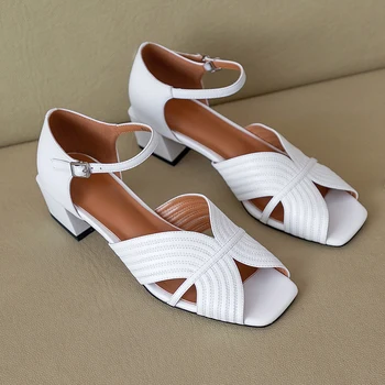 

Genuine leather Women Sandals 2020 Spring Summer Fashion High Heels Pumps peep toe New Wedding Prom Shoes Woman casual