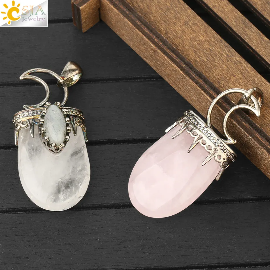 CSJA Natural Stone Crystal Pendants Necklace Antique Silver Color Purple Pink Quartz Necklace Jewelry Crown Moon Charm Gift G274 - Image 2