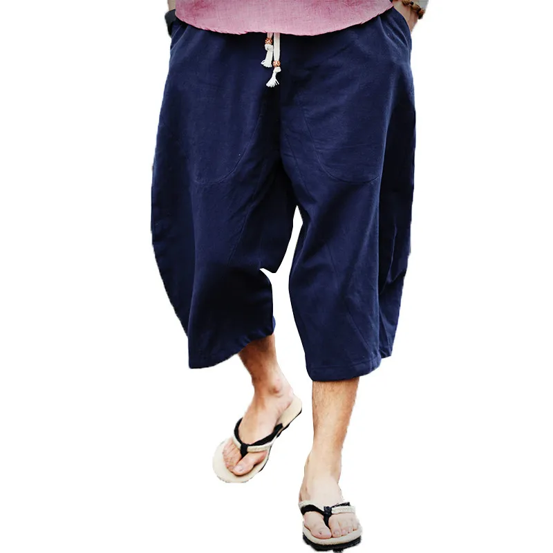 Wide Leg Pants Men Cotton Linen Baggy Hip Hop Bloomers Calf-Length