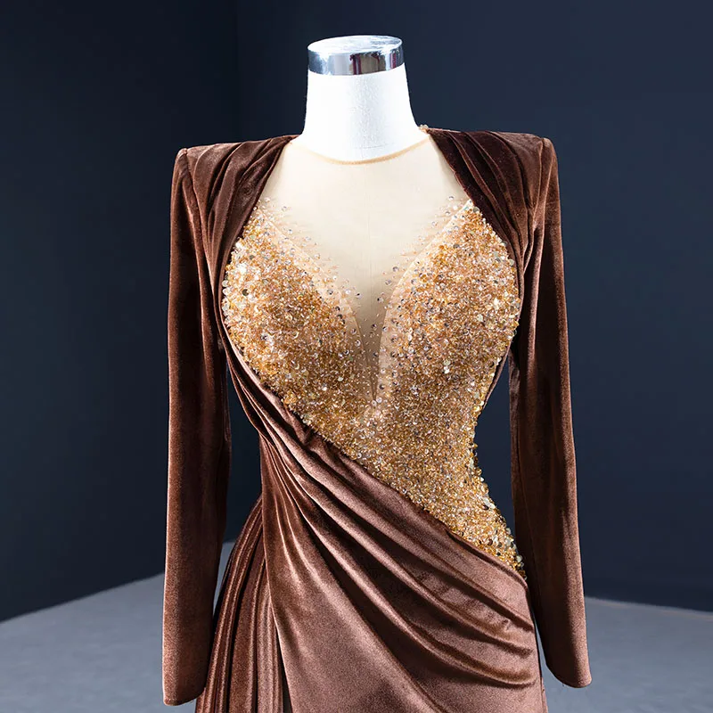 J67243 Sexy And Luxurious Long-Sleeved Brown Evening Dress With Sequins And Beaded a-Line Floor Dress 6