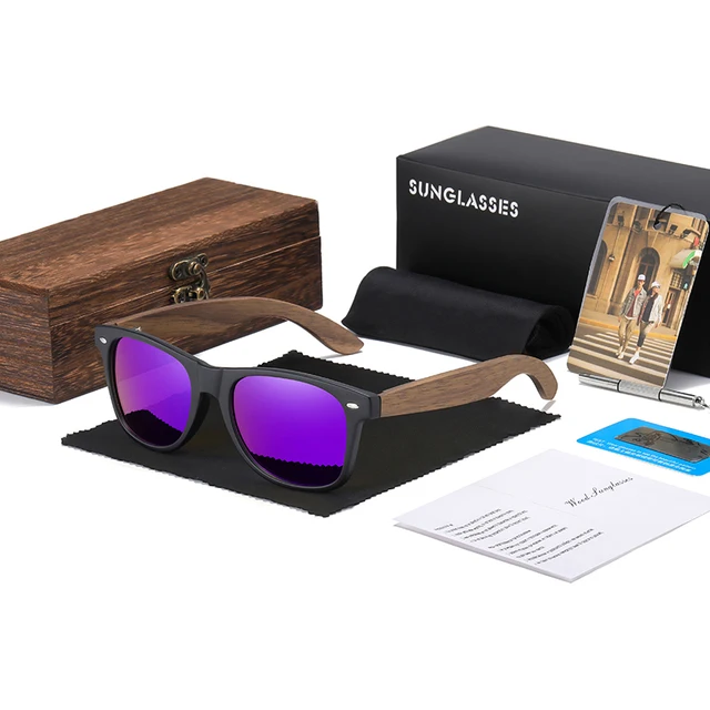 GM Brand Walnut Wooden Polarized Men's Sunglasses Square Frame Sun glasses Women Sun glasses Male Oculos de sol Masculino S7061h Purple Square Box