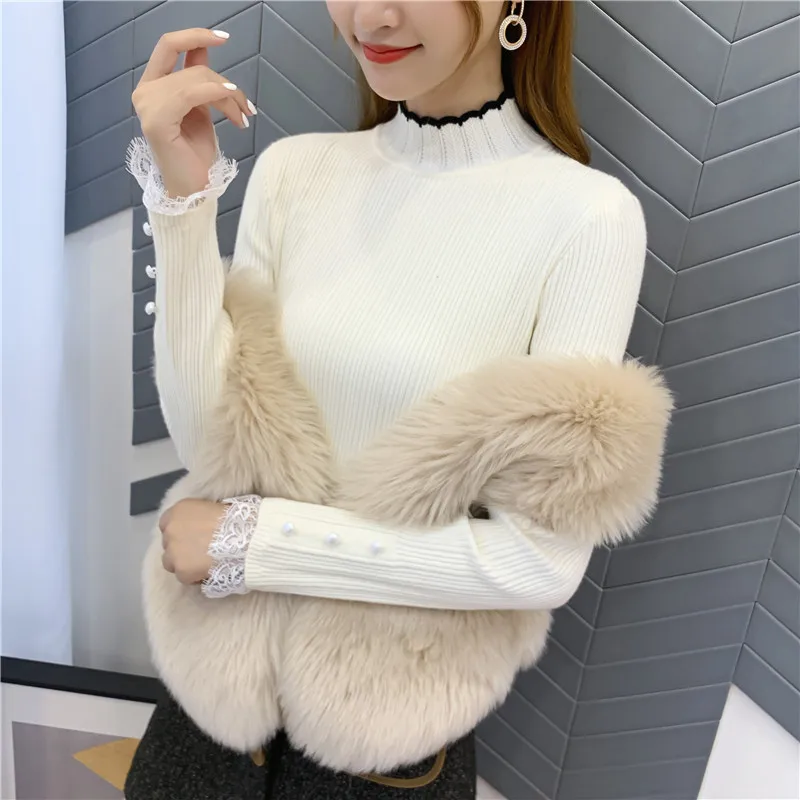 Пуловер Blusas De Inverno Feminina, 9411, настоящая фотография, утепленный джемпер с кружевными рукавами, 38- 1-й этаж, 3 ряда, 4 полки