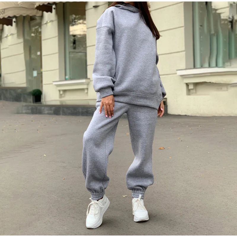 Two Piece Set Casual Fleece Tracksuit Women Winter 2021 Women's Sets Oversized Hooded Long Sleeve Hoodie Sport Pants Lady Suit