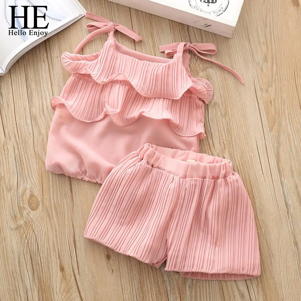 L9025 pink HE Hello Enjoy/детская одежда летние комплекты для девочек шифоновый жилет с тонкими лямками+ шорты Детская одежда модные вечерние костюмы принцессы - Цвет: L9025 pink