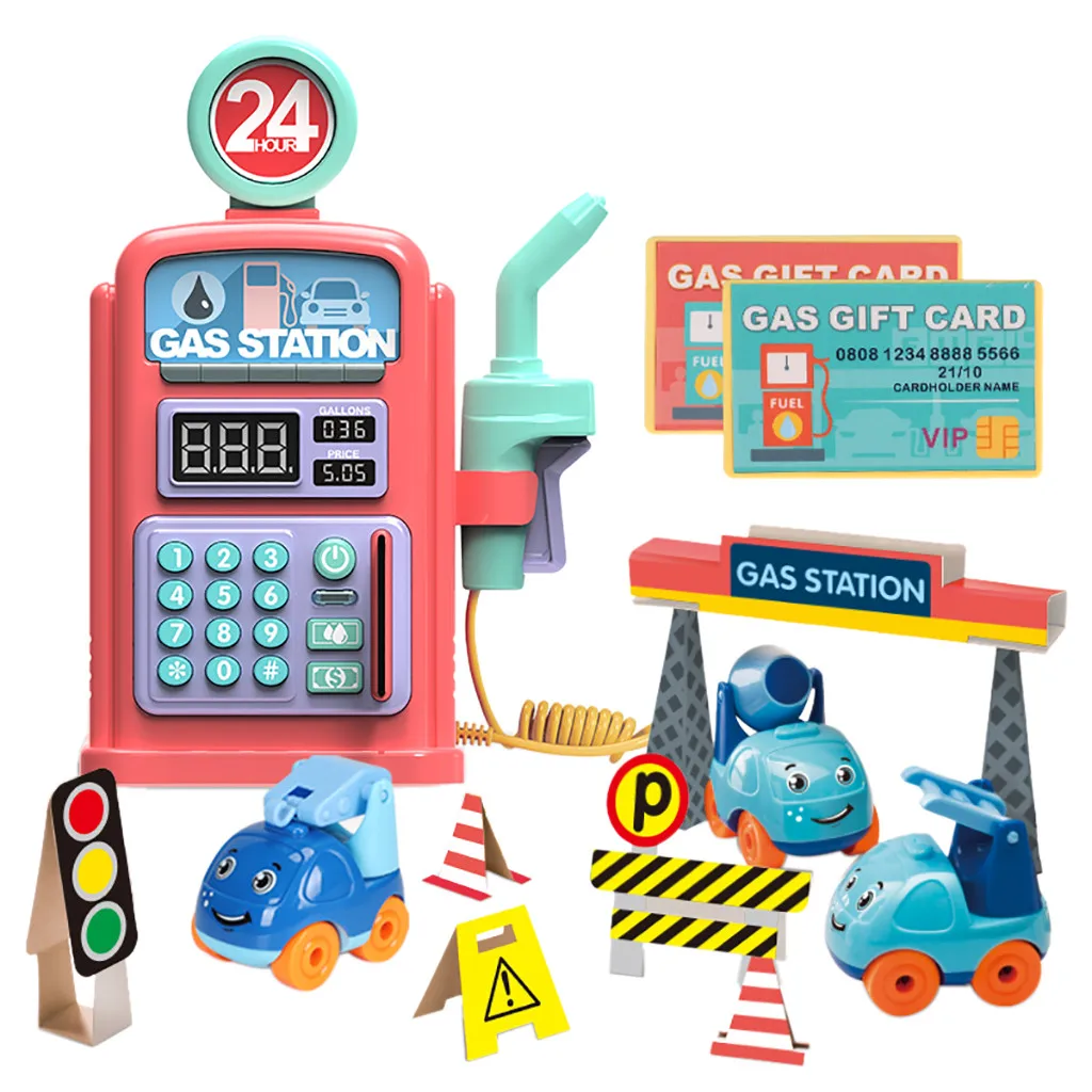 Children Pretend Role Play Simulation Gas Station Scene Model Toys Sound Light Kids Classic Educational Pretend Game Gift M840