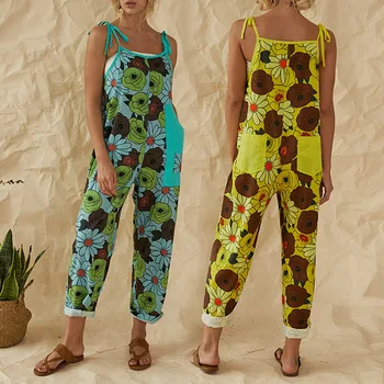 

LASPERAL Women Flower Print Knitted Pocket Jumpsuits Rompers V-neck Herem Pants Sport Slacks Suspenders Hip Sport Slacks