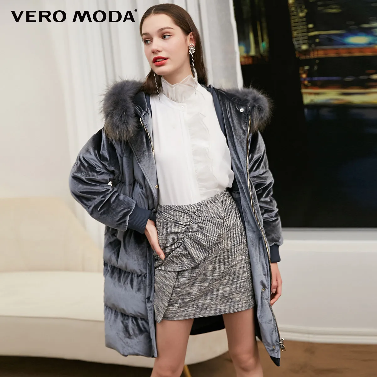 Vero Moda женский 80% белый утиный пух енота меховой воротник съемный пуховик парка пальто | 318412502 - Цвет: Turbulence