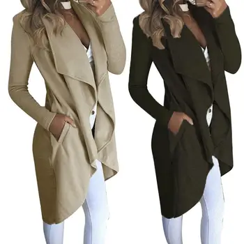 

Autumn Women Solid Color Cardigan Lapel Long Sleeve Open Front Slim Trench Coat