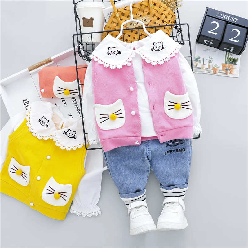 HYLKIDHUOSE 2020 Autumn Baby Girls Clothing Sets Cartoon Hooded Vest T Shirt Jeans Infant Newborn Children Clothes | Детская одежда и