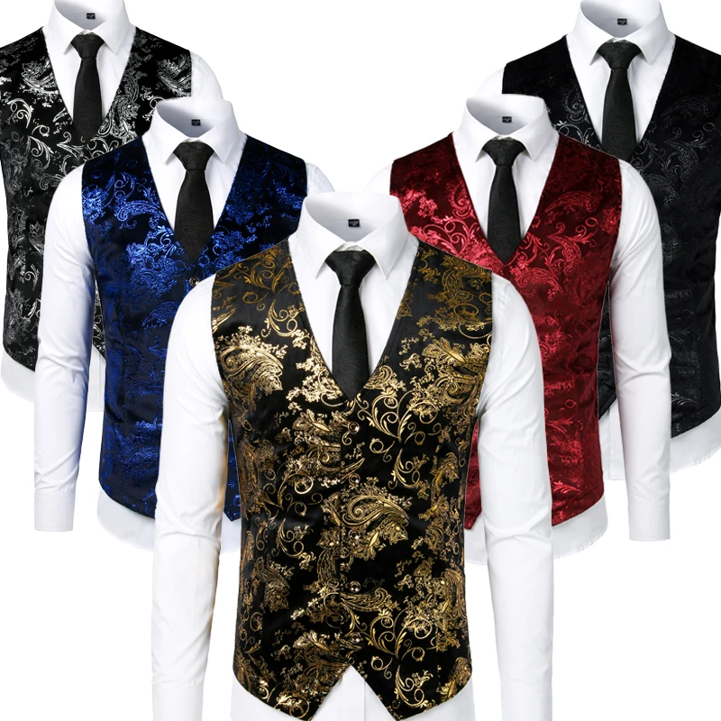 Oro Steampunk Chaleco de traje de los hombres chaleco Homme sin mangas de la boda Slim Paisley Floral vestido camisetas para Los hombres solo botones de chaleco