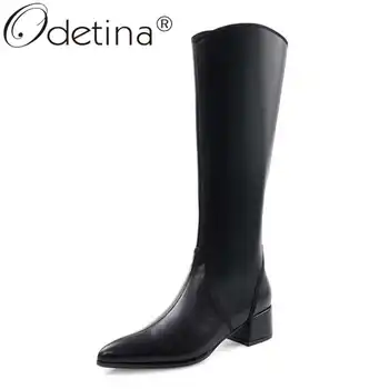 

Odetina Women Winter Fashion Pointed Toe Block Mid Heel Long Boots Ladies Casual Sewing Side Zipper Cow Leather Knee High Boots