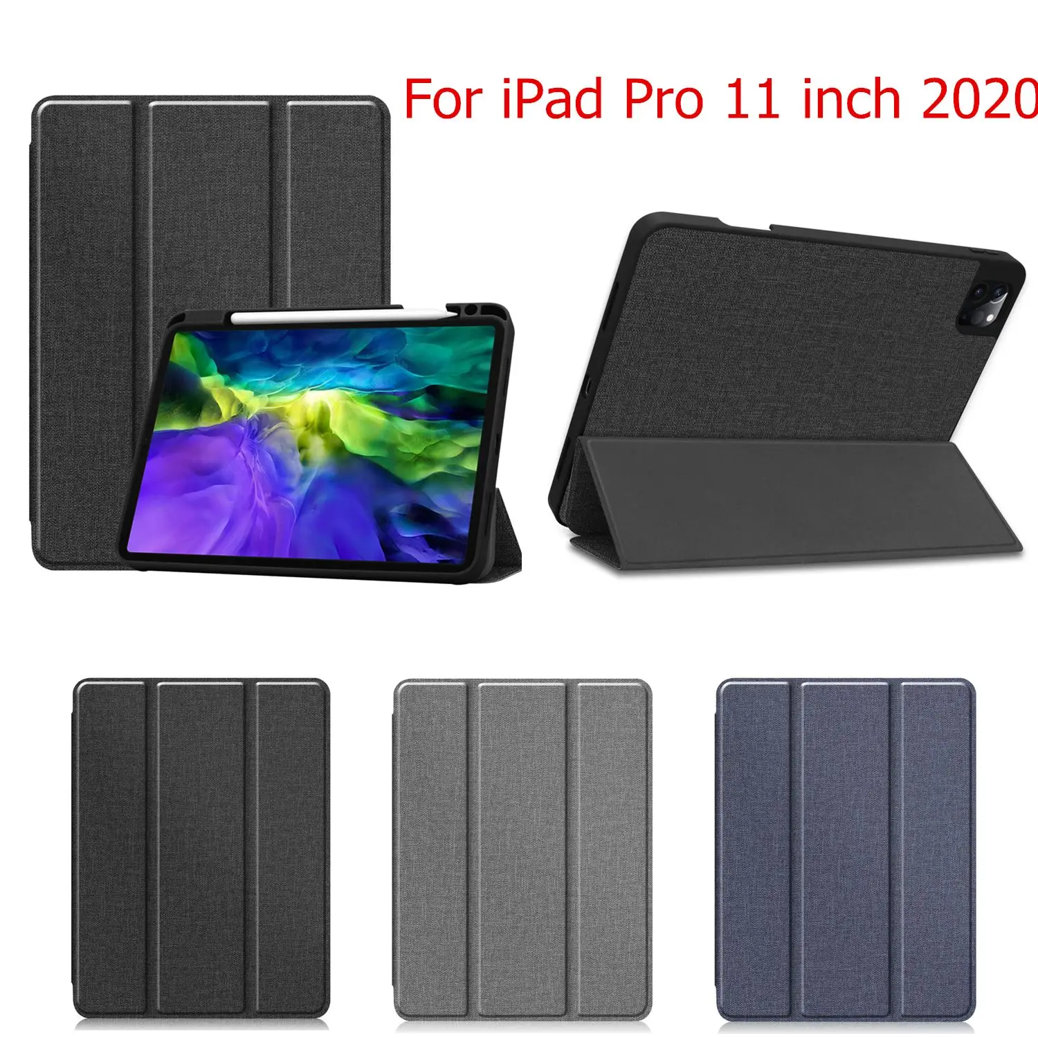 

For 2020 iPad Pro 11 inch Leather Case Pen Holder TPU Cloth Pattern Smart Wake Sleep Tablet Flip Cover For iPad Pro 11 inch 2020
