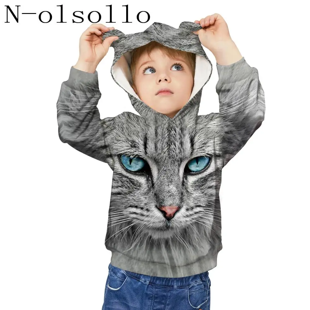 N-olsollo Винтаж кошки 3D печатных дети Толстовка с ушками, с карманами, на возраст от 4 до 15 лет, Детская Модные свитеры с капюшоном пуловеры Новые Топы