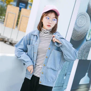 

Vintage Light Blue Women Denim Basic Coats Autumn Winter Loose Female Jeans Jackets Korean Style BF Wind Denim Outwears New