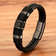 XQNI Woven Leather Rope Wrap Special Style Classic Stainless Steel Men's Leather Bracelet Double-layer Design DIY Customization