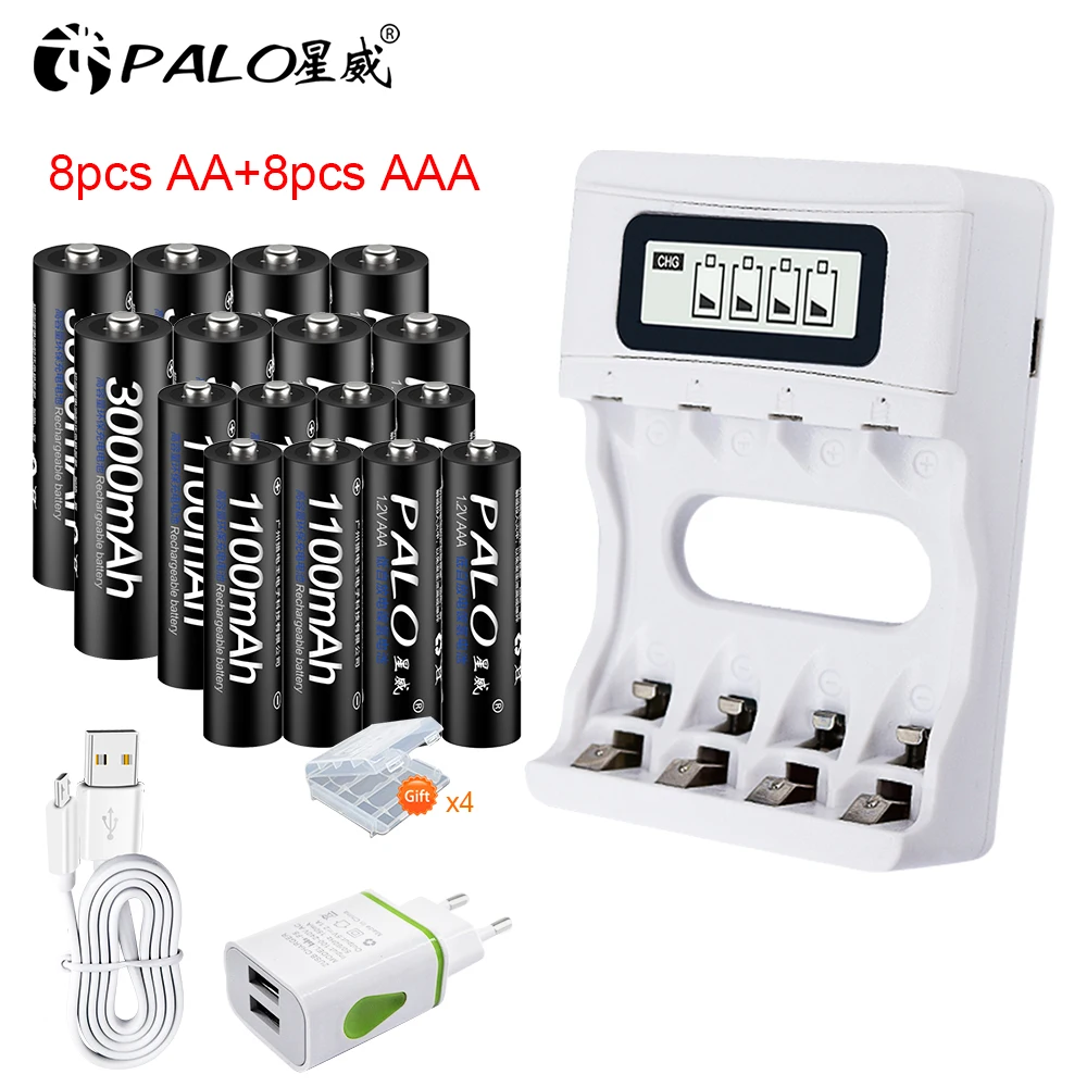 Palo AA AAA зарядное устройство с ЖК-дисплеем умное быстрое USB зарядное устройство+ 1,2 в AA 2A перезаряжаемая батарея+ 1,2 в Ni-MH предварительно заряженные 3A AAA батареи