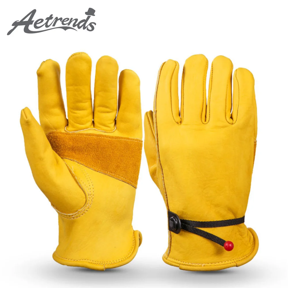 [AETRENDS] Flex Grip Leather Work Gloves Stretchable Wrist Tough Cowhide Working Gloves(Gold, S, M, L, XL) O-0047