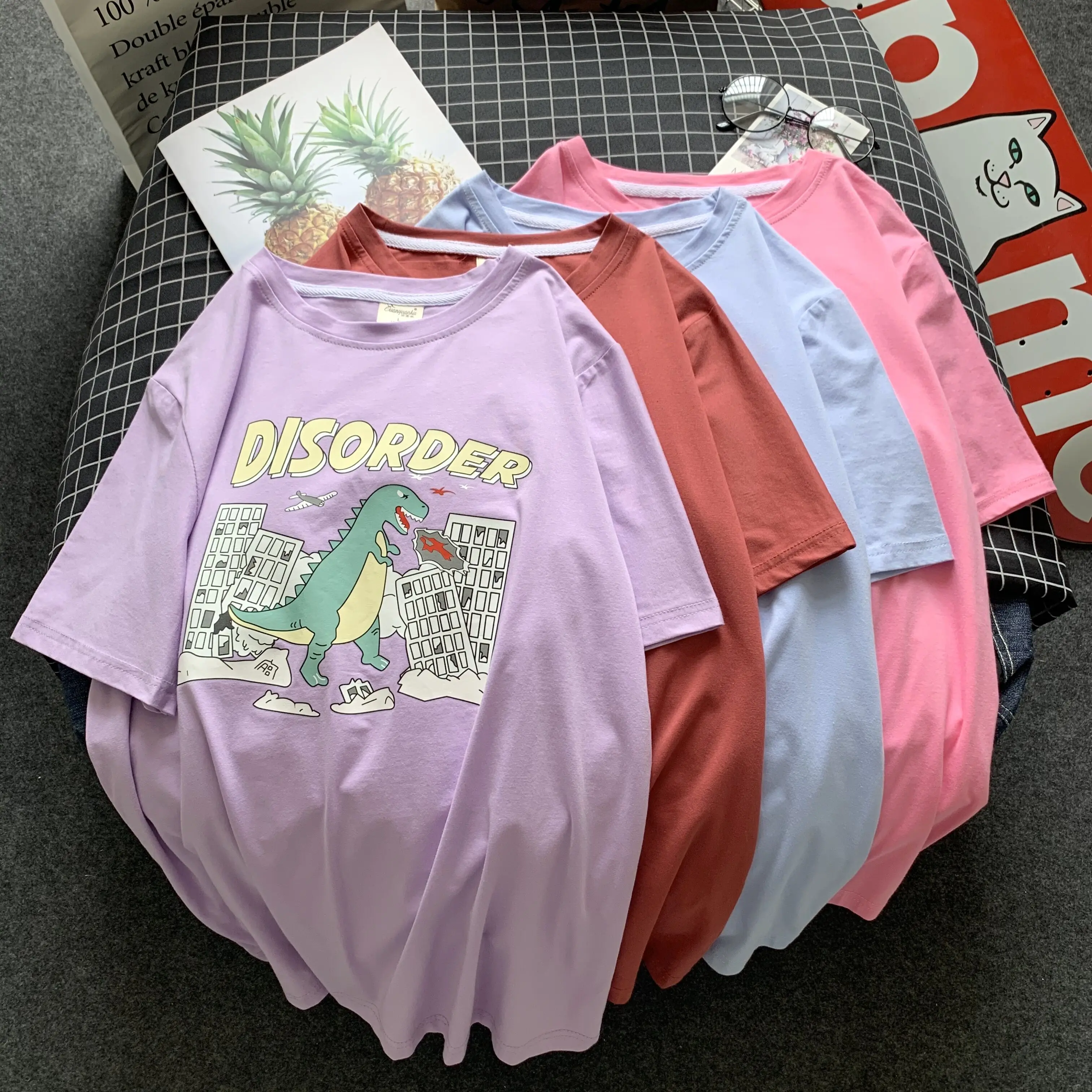 Camisetas básicas de algodón para mujer, ropa de talla grande rosa de dinosaurio, harajuku, coreanas, TYD03