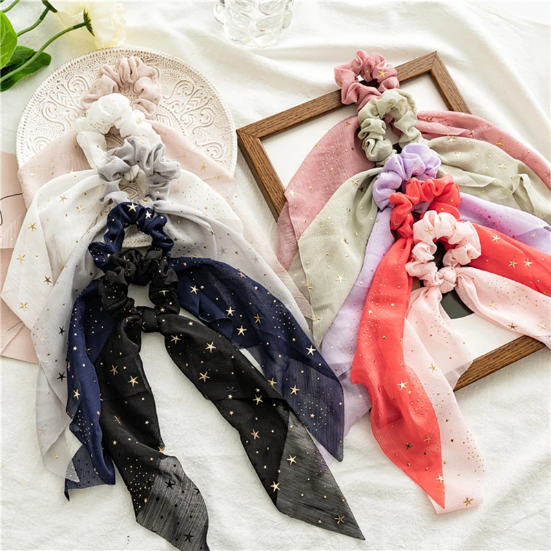 2021 New Chiffon Ponytail Ribbon Shiny Star Bow Hair Scrunchies Knotted Bowknot Hair Ties Elastic Hair Band Hair Accessories hair clips for women