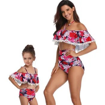 

Sexy Floral Print Ruffle Bandage Bikini Set Family matching High Waist Halter Swimsuit Women And Kids Push Up Beach Bathing Suit