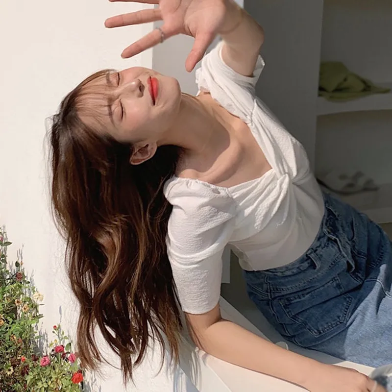 Women's Solid Color Elegant Blouses Short Sleeve Ladies Summer V Neck Shirt Korean Style Tops 2020 3
