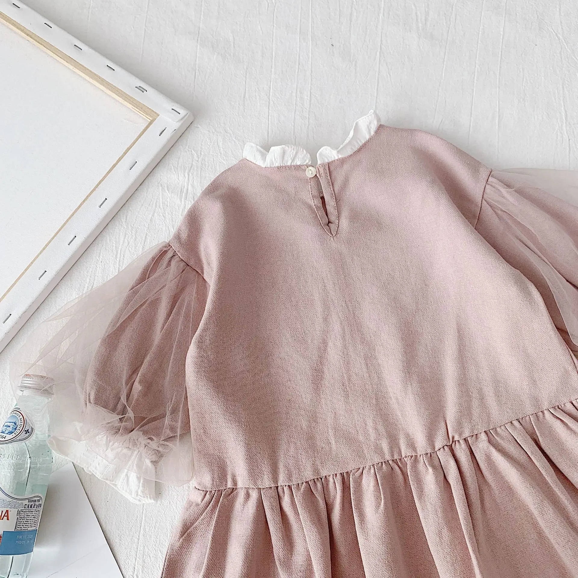 Korean style girls mesh lantern sleeve princess dress Autumn baby girl cotton patchwork cute dresses