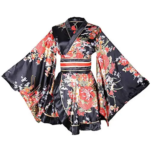 

Women's Kimono Costume Adult Japanese Geisha Yukata Sweet Floral Patten Gown Blossom Satin Bathrobe Sleepwear with OBI Belt