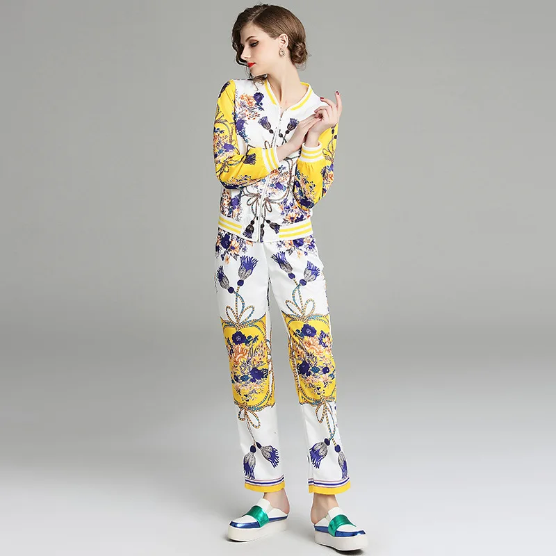 

Europe And America Fashion Jacket Trousers Two-Piece 2018 Autumn Clothing New Style Elegant Printed Casual WOMEN'S Suit