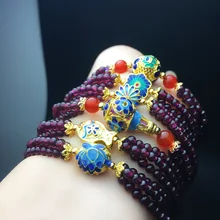 Зубы, черный гранатовый браслет, запеченный синий, перегородчатая, гранат, многослойный и многослойный браслет, женский стиль