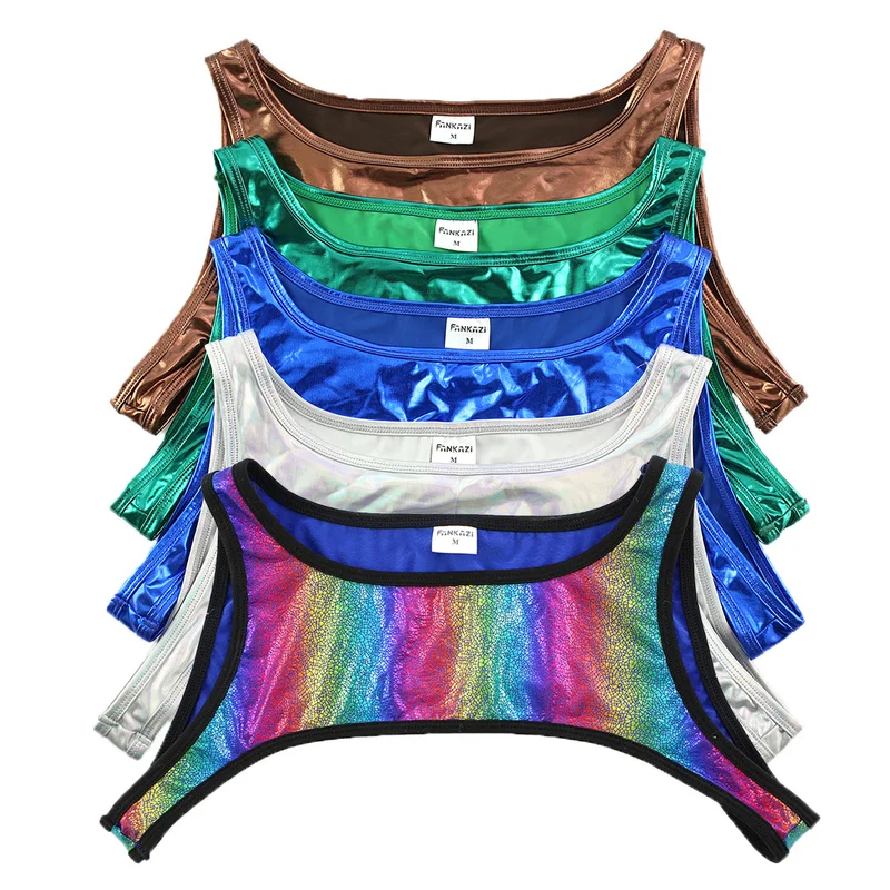 

Shiny Faux Leather Harness Tanks Men Chest Muscle Harness Undershirts Rainbow Vest Beach Wear Party Club Costume Streetwear