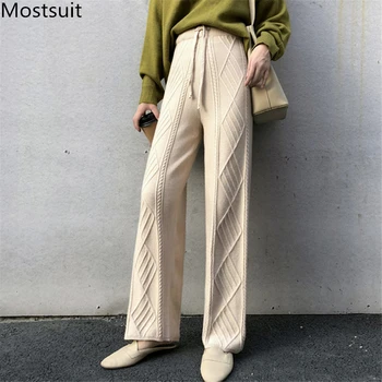 

2019 Autumn Winter Twisted Knitted Wide Leg Pants Trousers Women High Waist Full Length Korean Casual Fashion Pants Trousers